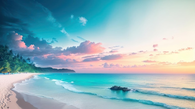 Una spiaggia con un tramonto sullo sfondo