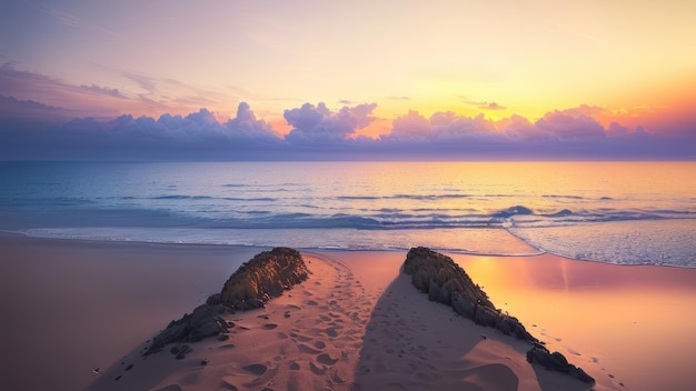 Una spiaggia con un tramonto sullo sfondo