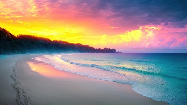 Una spiaggia con un tramonto sullo sfondo