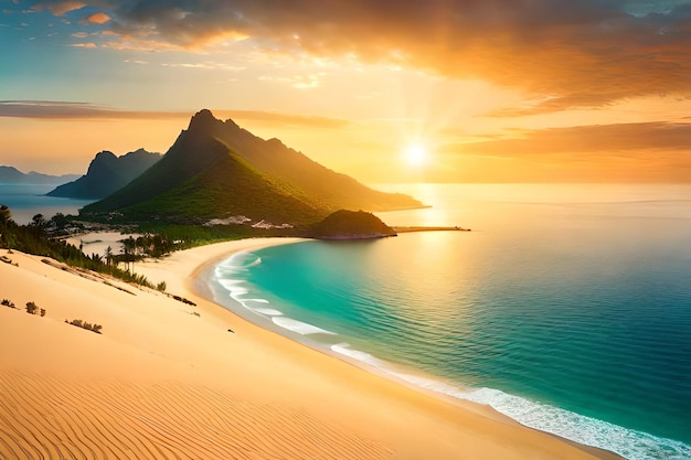 Una spiaggia con un tramonto sullo sfondo