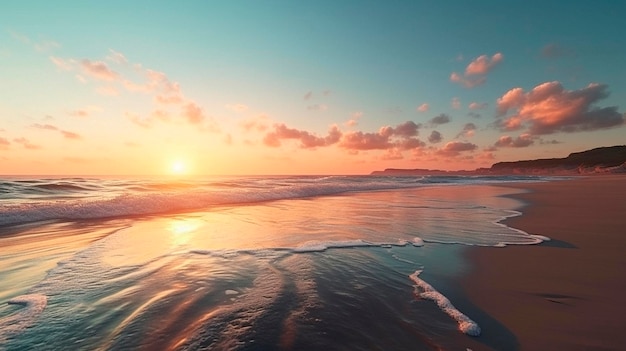 Una spiaggia con un tramonto sullo sfondo