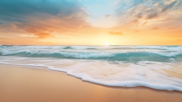 Una spiaggia con un tramonto sullo sfondo