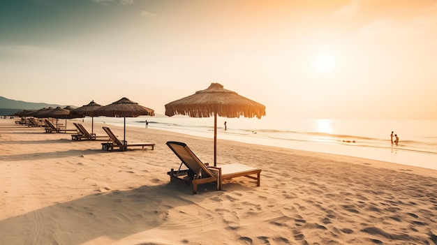 Una spiaggia con un tramonto sullo sfondo