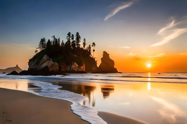 Una spiaggia con un tramonto sullo sfondo