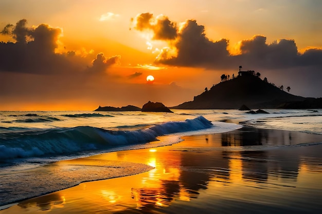 Una spiaggia con un tramonto sullo sfondo