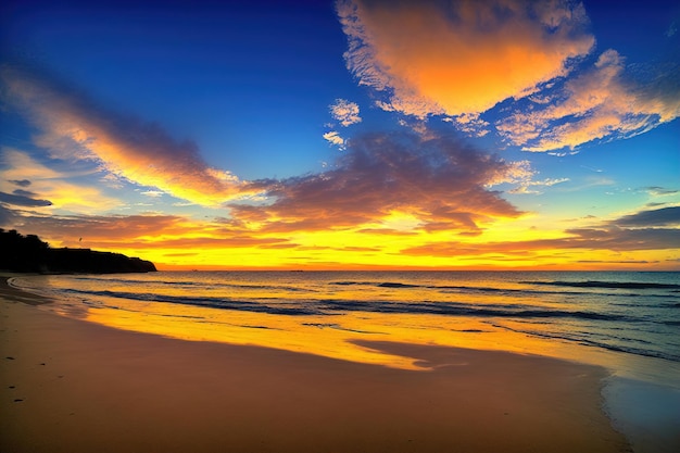 Una spiaggia con un tramonto sullo sfondo