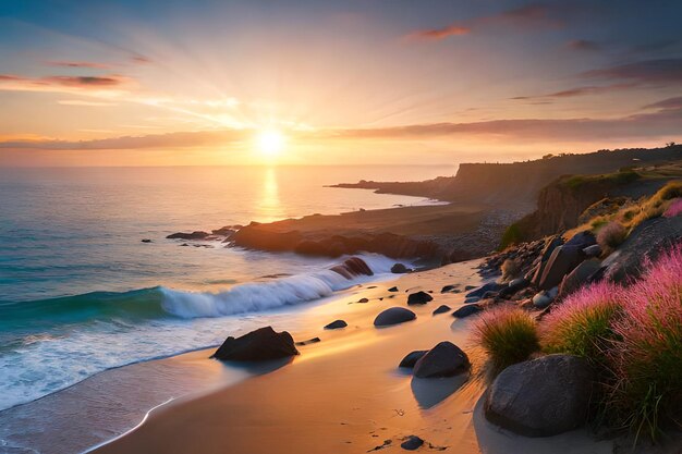 Una spiaggia con un tramonto sullo sfondo