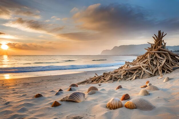 Una spiaggia con un tronco d'albero e l'oceano sullo sfondo.