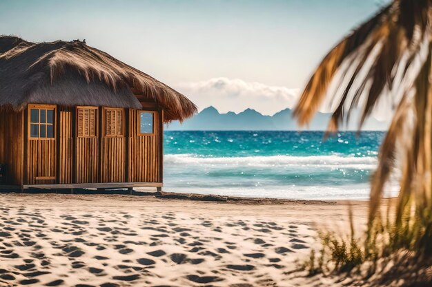 una spiaggia con una capanna su di essa e montagne sullo sfondo