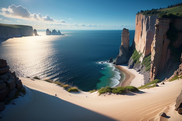 Una spiaggia con una duna di sabbia e una scogliera sul lato destro.