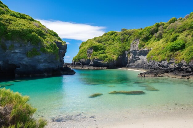 Una spiaggia con una laguna blu e una scogliera sullo sfondo