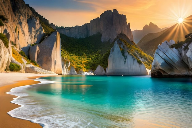 Una spiaggia con una montagna sullo sfondo