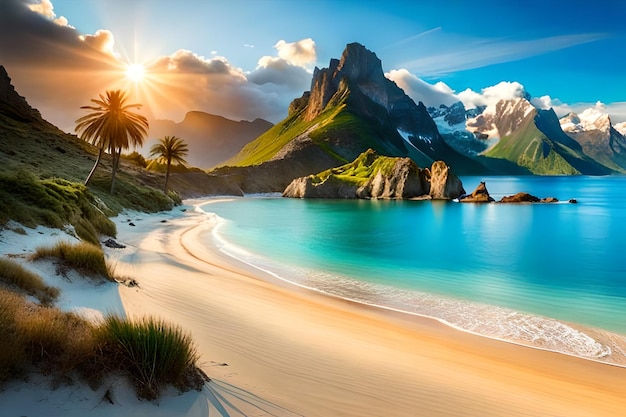 Una spiaggia con una montagna sullo sfondo