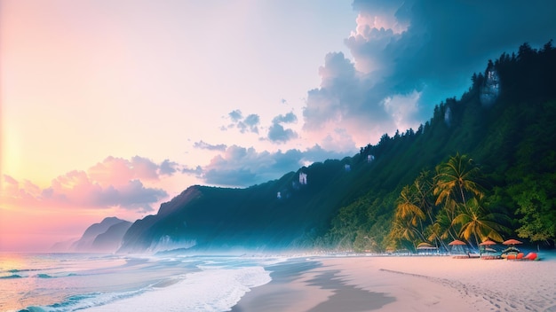 Una spiaggia con una montagna sullo sfondo