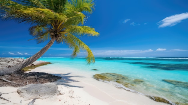 Una spiaggia con una palma e un cielo blu ai generativo