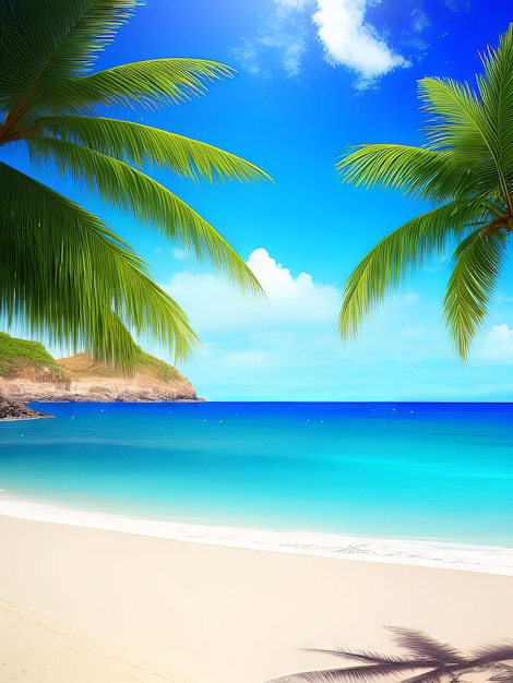 Una spiaggia con una palma e un cielo blu