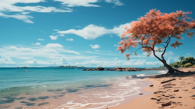 Una spiaggia con una palma e un cielo blu