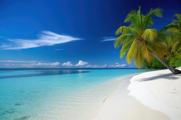 Una spiaggia con una palma e un cielo blu