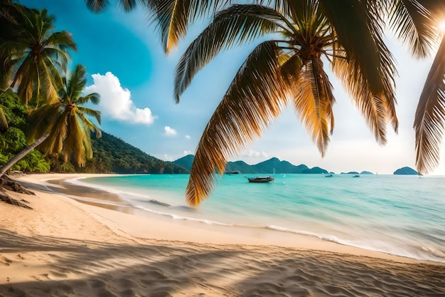 Una spiaggia con una palma e una barca in acqua