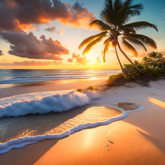 Una spiaggia con una palma sopra e il sole che tramonta dietro di essa durante le vacanze estive