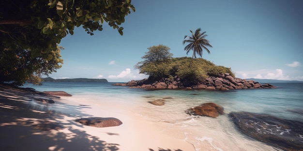 Una spiaggia con una piccola isola in mezzo all'oceano