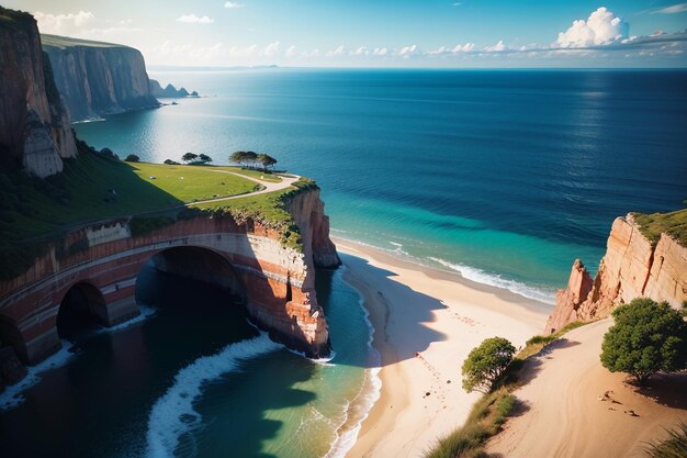 Una spiaggia con una scogliera e una spiaggia in lontananza