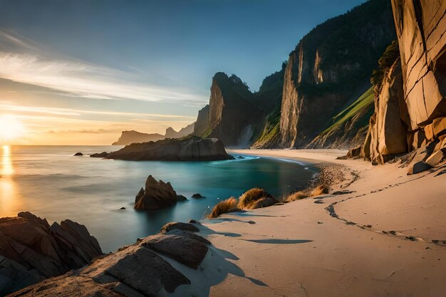 Una spiaggia con una scogliera e una spiaggia sullo sfondo