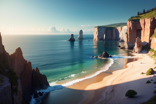 Una spiaggia con una scogliera sullo sfondo