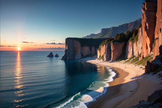 Una spiaggia con una scogliera sullo sfondo