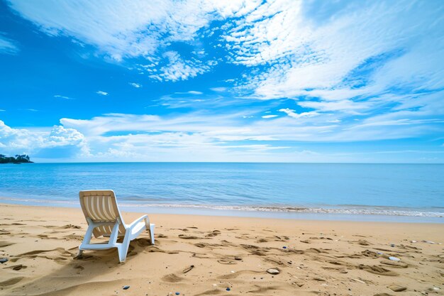 una spiaggia con una sedia e il cielo sullo sfondo