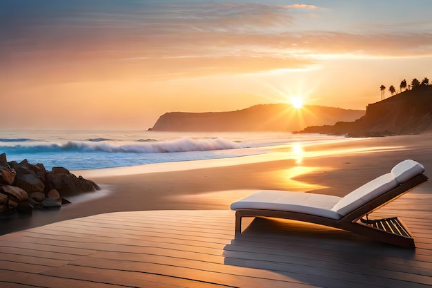 Una spiaggia con una sedia sopra e il sole sta tramontando.
