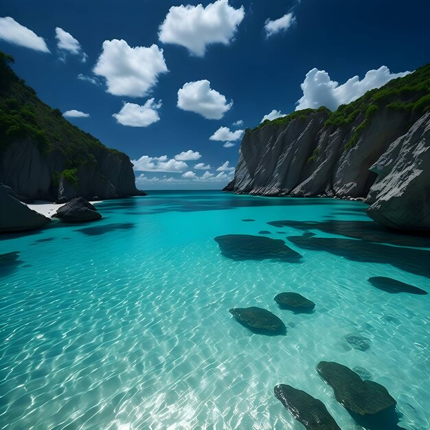 Una spiaggia con una spiaggia di sabbia bianca e l'acqua è limpida e blu.