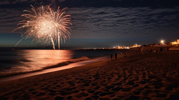 una spiaggia con una spiaggia e una città sullo sfondo