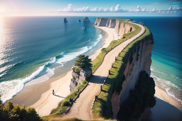 Una spiaggia con una strada che porta al mare