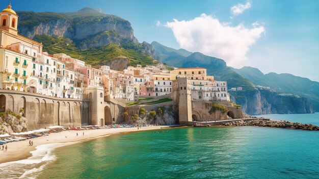 Una spiaggia con vista mare e montagne sullo sfondo