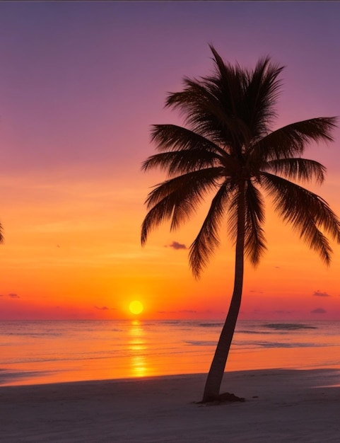 Una spiaggia deserta con una sola palma in silhouette contro il sole che tramonta