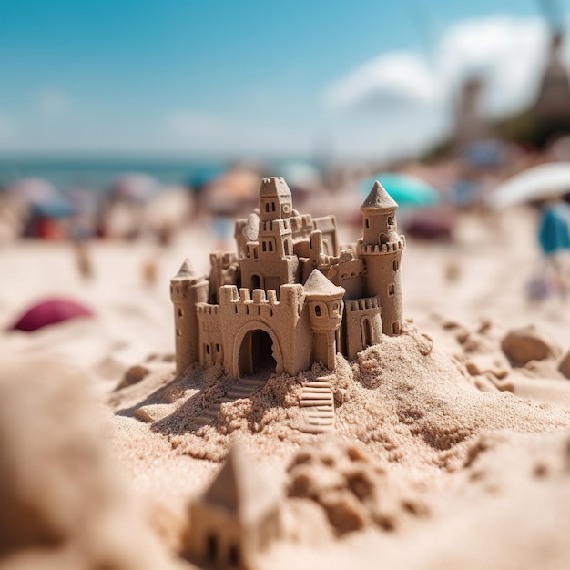 Una spiaggia di castello di sabbia con un cielo blu e nuvole bianche