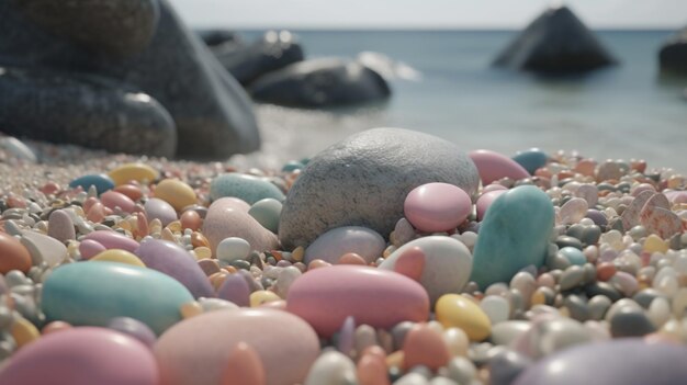 Una spiaggia di ciottoli colorati con una pietra blu e rosa nel mezzo.