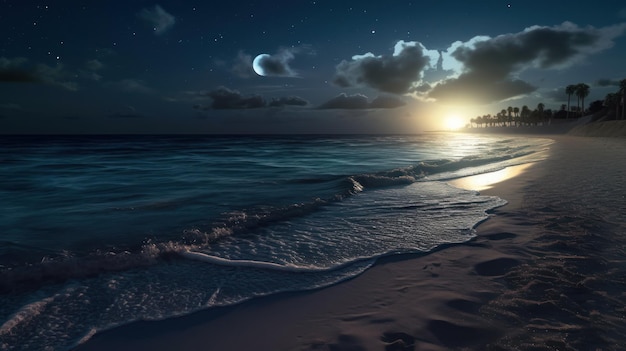 Una spiaggia di notte con la luna e le stelle