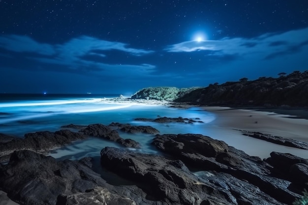 Una spiaggia di notte con la luna nel cielo.