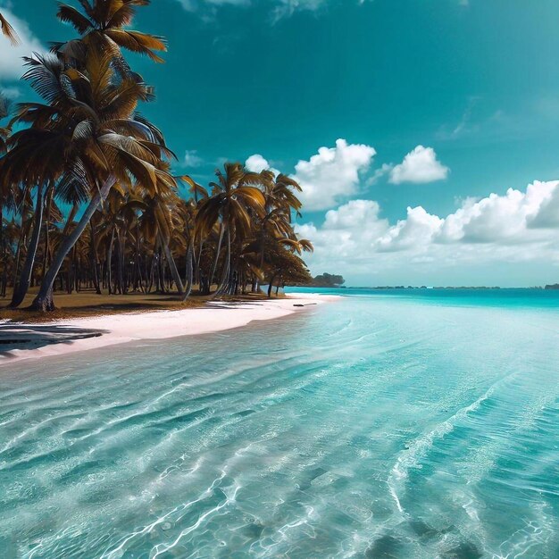 una spiaggia fiancheggiata da palme è mostrata in mezzo all'oceano.