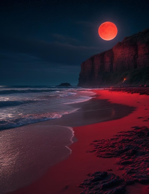Una spiaggia misteriosa di notte illuminata da una luna rossa IA generativa