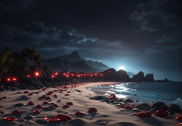 Una spiaggia misteriosa illuminata di notte