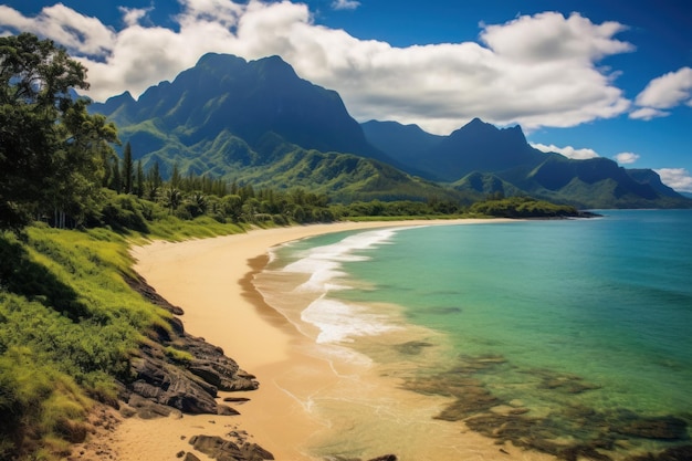 Una spiaggia panoramica con un maestoso sfondo di montagne IA generativa