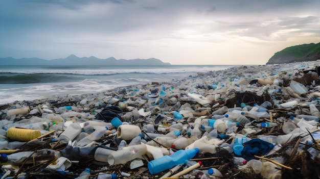 Una spiaggia piena di bottiglie di plastica e bottiglie di plastica.