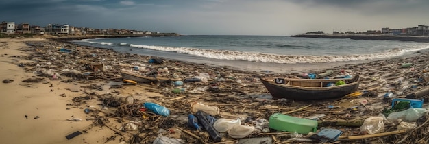 Una spiaggia piena di immondizia e buste di plastica