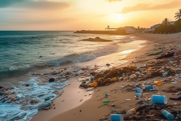 Una spiaggia piena di immondizia e rifiuti di plastica è un'ampia bandiera per l'ambiente e il riciclaggio
