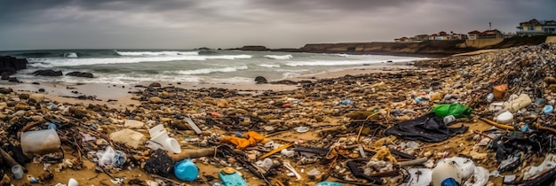 Una spiaggia piena di spazzatura e una bottiglia di blob.