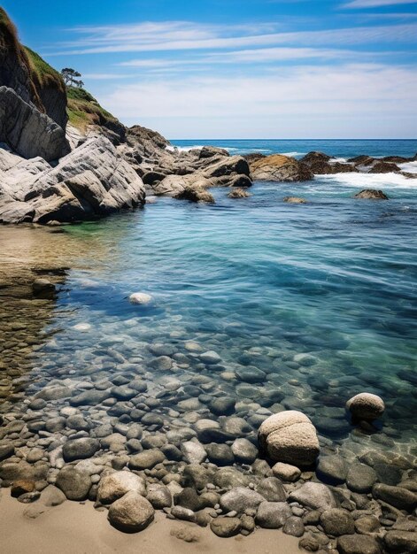 una spiaggia rocciosa con acqua blu e rocce nell'acqua