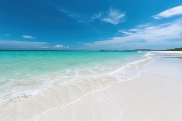 Una spiaggia sabbiosa con acqua cristallina sotto un cielo blu AI generativa